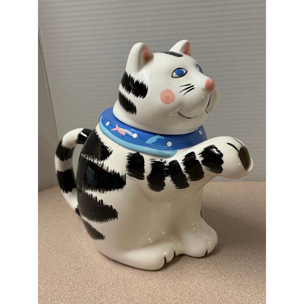 vintage 1990s Coco Dowley black and white tabby design ceramic cat teapot